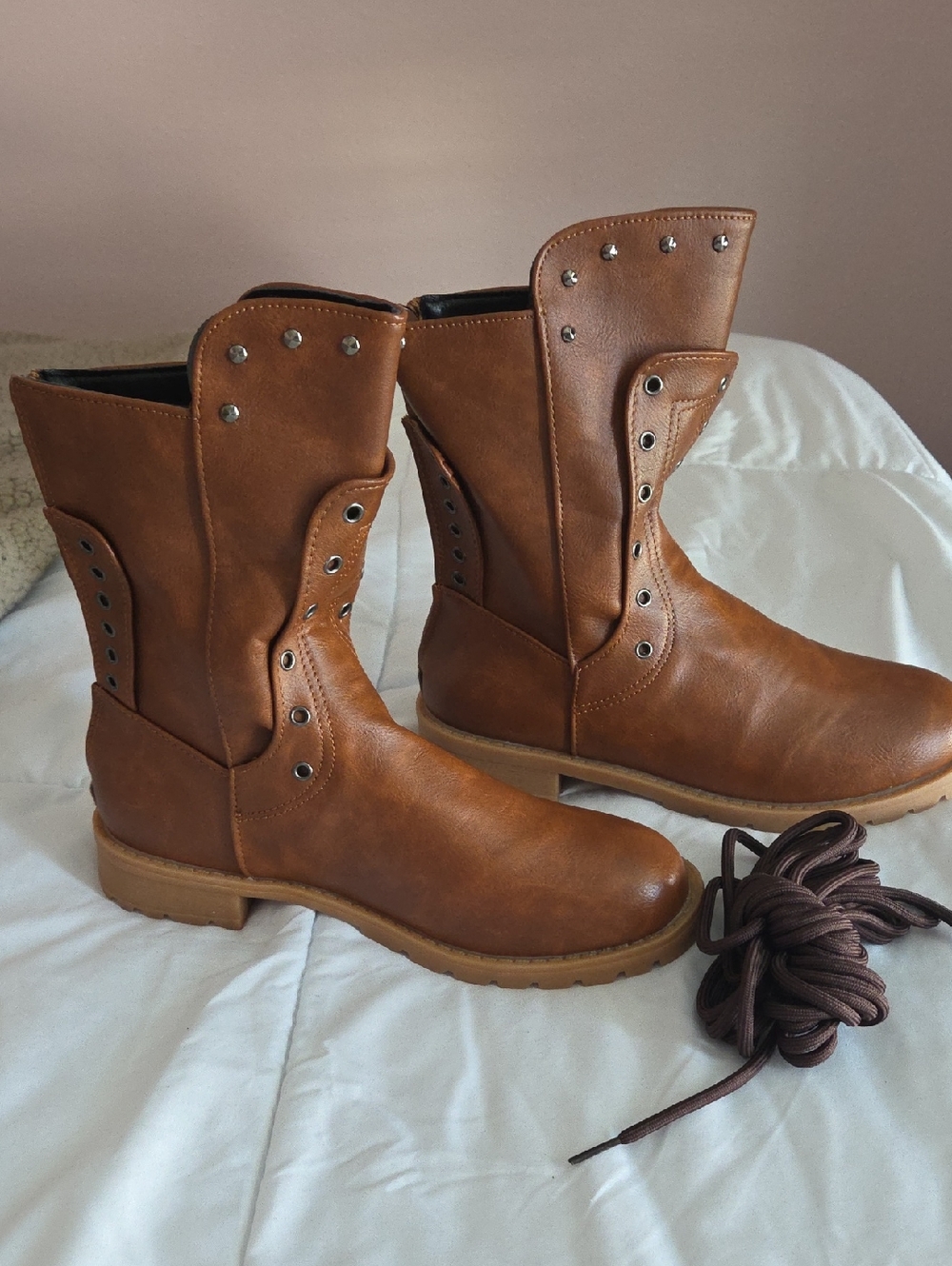 Tawny Brown Faux-Leather Combat Boots with Stud Accents